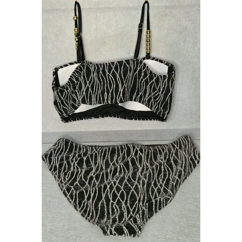 CUPSHE Black/Silver Metallic Bikini Sz XL Set Gold Beaded Straps 2 Pc Swimwear